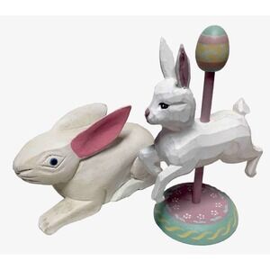 Pair Of 2 Wood Carved Rabbits Bunnies Primitive Folk Art Wooden Easter Pier One